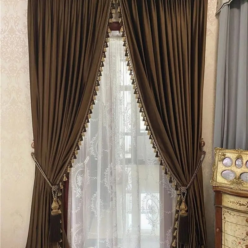 Retro American Curtains for Living Dining Room Bedroom Silk Brown Shading Curtains Light Luxury Curtains Windows Home Decoration