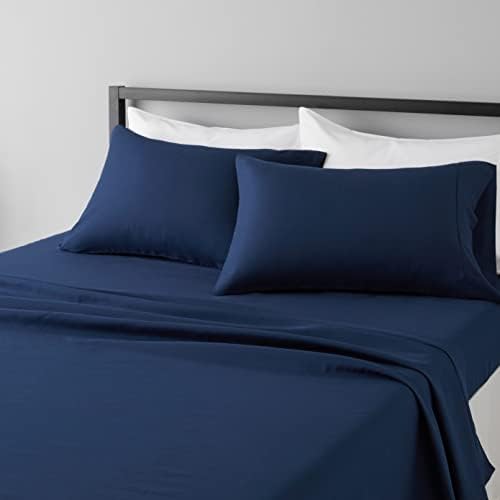 Amazon Basics Lightweight Super Soft Easy Care Microfiber 4-Piece Bed Sheet Set with 14-Inch Deep Pockets, Full, Navy Blue, Solid