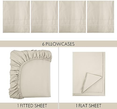 ClevaHome Full Size Sheet Set - 6 Piece Soft Breathable Luxury Bed Sheet Set - Shrinkage & Fade Resistant Embroidered Bedding Sheet with Deep Pocket, 2 Extra Pillowcases (Full, Oat Milk)