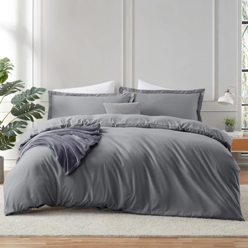 Hearth & Harbor Twin Duvet Cover Set - Soft Grey Duvet Cover Twin, Double Brushed Twin/Twin XL Duvet Cover 2 Piece with Button Closure, 1 Twin Size Duvet Cover 68x90 inches and 1 Pillow Sham