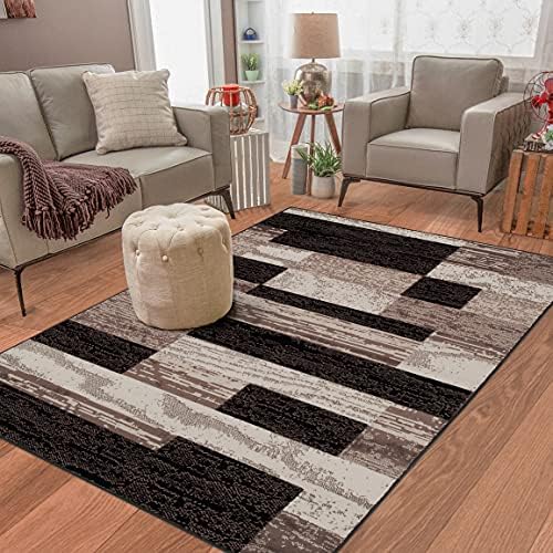 Superior Indoor Area Rug, Jute Backed, Modern Geometric Patchwork Floor Decor for Bedroom, Office, Living Room, Entryway, Hardwood Floors, Rockwood Collection, 3' x 5', Chocolate