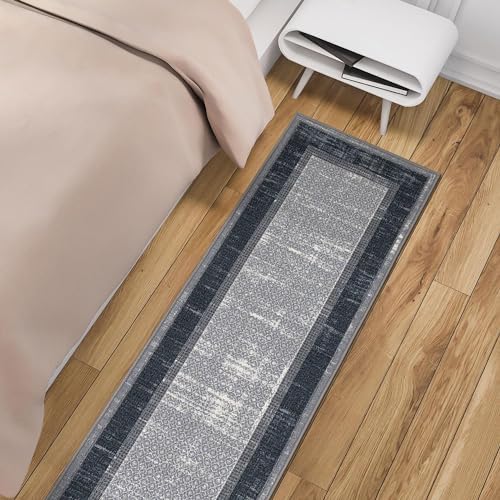 Ottomanson Ottohome Non-Slip Rubberback Bordered Design 3x10 Indoor Runner Rug, 2'7" x 9'10", Gray/Navy