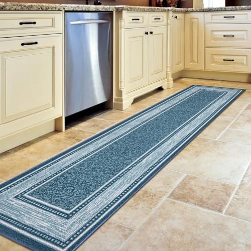 Ottomanson Machine Washable Bordered Design Non-Slip Rubberback 2x7 Traditional Runner Rug for Hallway, Kitchen, Bedroom, Living Room, 1'10" x 7', Blue