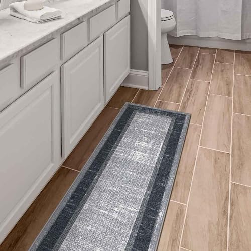 Ottomanson Ottohome Non-Slip Rubberback Bordered Design 3x10 Indoor Runner Rug, 2'7" x 9'10", Gray/Navy