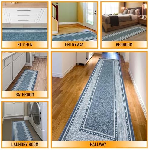 Ottomanson Machine Washable Bordered Design Non-Slip Rubberback 2x7 Traditional Runner Rug for Hallway, Kitchen, Bedroom, Living Room, 1'10" x 7', Blue