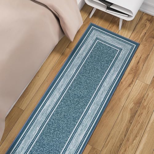 Ottomanson Machine Washable Bordered Design Non-Slip Rubberback 2x7 Traditional Runner Rug for Hallway, Kitchen, Bedroom, Living Room, 1'10" x 7', Blue