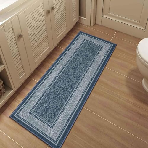 Ottomanson Machine Washable Bordered Design Non-Slip Rubberback 2x7 Traditional Runner Rug for Hallway, Kitchen, Bedroom, Living Room, 1'10" x 7', Blue