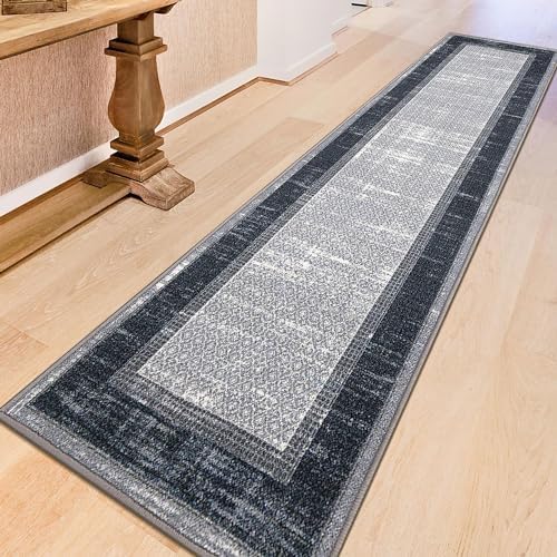 Ottomanson Ottohome Non-Slip Rubberback Bordered Design 3x10 Indoor Runner Rug, 2'7" x 9'10", Gray/Navy