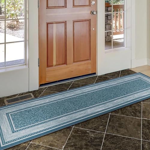 Ottomanson Machine Washable Bordered Design Non-Slip Rubberback 2x7 Traditional Runner Rug for Hallway, Kitchen, Bedroom, Living Room, 1'10" x 7', Blue