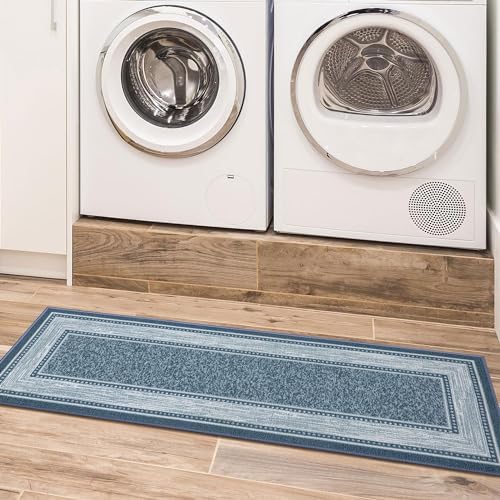 Ottomanson Machine Washable Bordered Design Non-Slip Rubberback 2x7 Traditional Runner Rug for Hallway, Kitchen, Bedroom, Living Room, 1'10" x 7', Blue