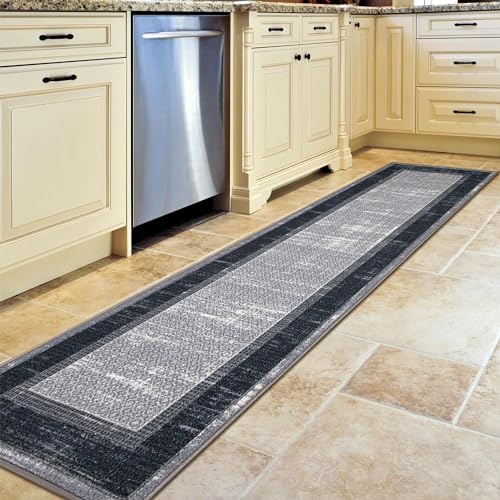 Ottomanson Ottohome Non-Slip Rubberback Bordered Design 3x10 Indoor Runner Rug, 2'7" x 9'10", Gray/Navy