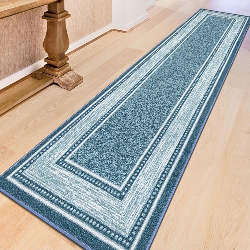 Ottomanson Machine Washable Bordered Design Non-Slip Rubberback 2x7 Traditional Runner Rug for Hallway, Kitchen, Bedroom, Living Room, 1'10" x 7', Blue