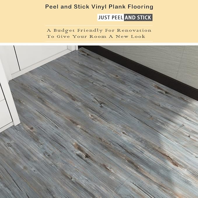 W012 Reclaimed Blue Wood Vinyl Flooring Peel and Stick Floor Tile 6''x36'' (10 PCS) 14.5 Sq.ft Wood Grain Look Flooring Self Adhesive and Waterproof for Bathroom Kitchen Living Room DIY