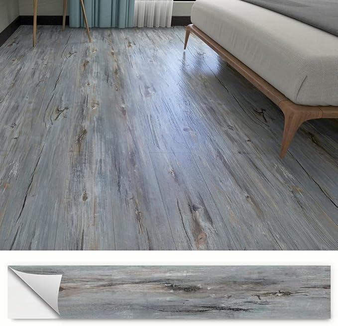 W012 Reclaimed Blue Wood Vinyl Flooring Peel and Stick Floor Tile 6''x36'' (10 PCS) 14.5 Sq.ft Wood Grain Look Flooring Self Adhesive and Waterproof for Bathroom Kitchen Living Room DIY