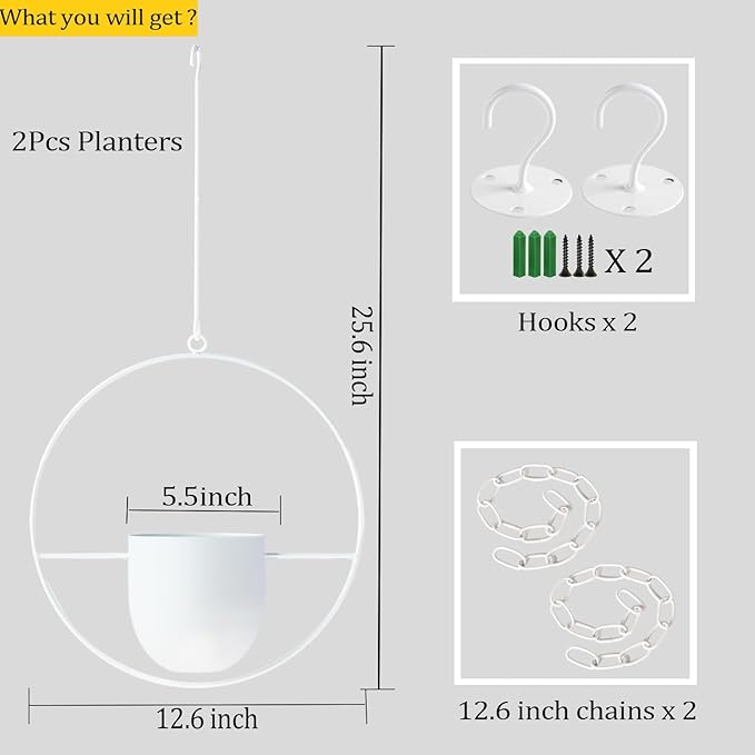 2 Pack Hanging Planters for Indoor Outdoor Plants Modern Metal Plant Hangers Wall and Ceiling Hanging Planter Baskets Mid Century Minimalist Flower Pots Home Decor, White