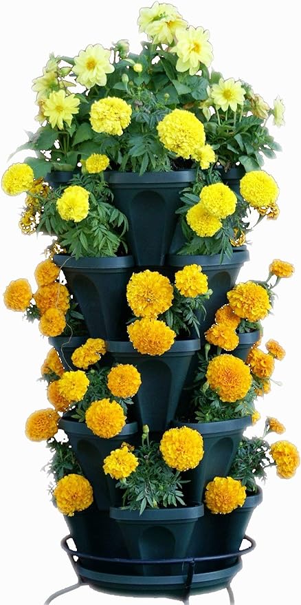 Mr. Stacky 1305-HG 5-Tier Stackable Strawberry, Herb, Flower, & Vegetable Planter - Vertical Gardening Indoor / Outdoor Stacking Garden Pots Hunter Green, 22.5 Quarts