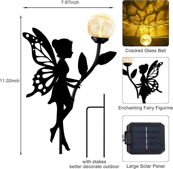 Ouddy Decor 2 Pack Solar Fairy Garden Decor, Metal Fairy Statues with Crackle Glass Globe Solar Garden Lights Outdoor Silhouette Waterproof for Lawn Patio Yard Pathway Gardening Gifts