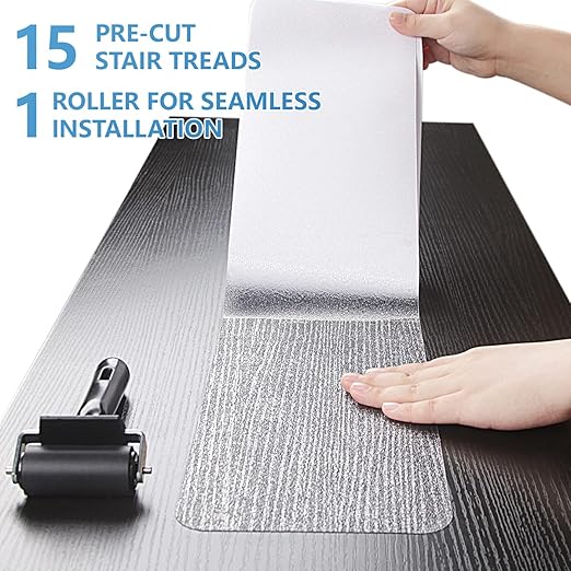 Stair Treads Non Slip 6" x 30", 15-Pack Pre-Cut Clear Anti Slip Strips for Wooden Steps Indoor, Transparent and Waterproof Grip Tape, Safety for Elderly, Children, and Dogs