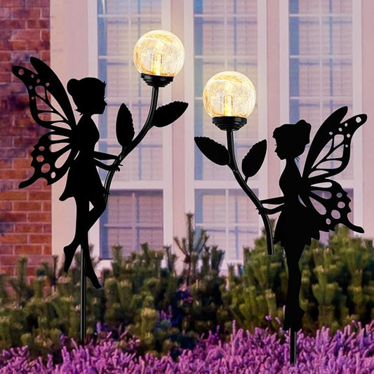 Ouddy Decor 2 Pack Solar Fairy Garden Decor, Metal Fairy Statues with Crackle Glass Globe Solar Garden Lights Outdoor Silhouette Waterproof for Lawn Patio Yard Pathway Gardening Gifts