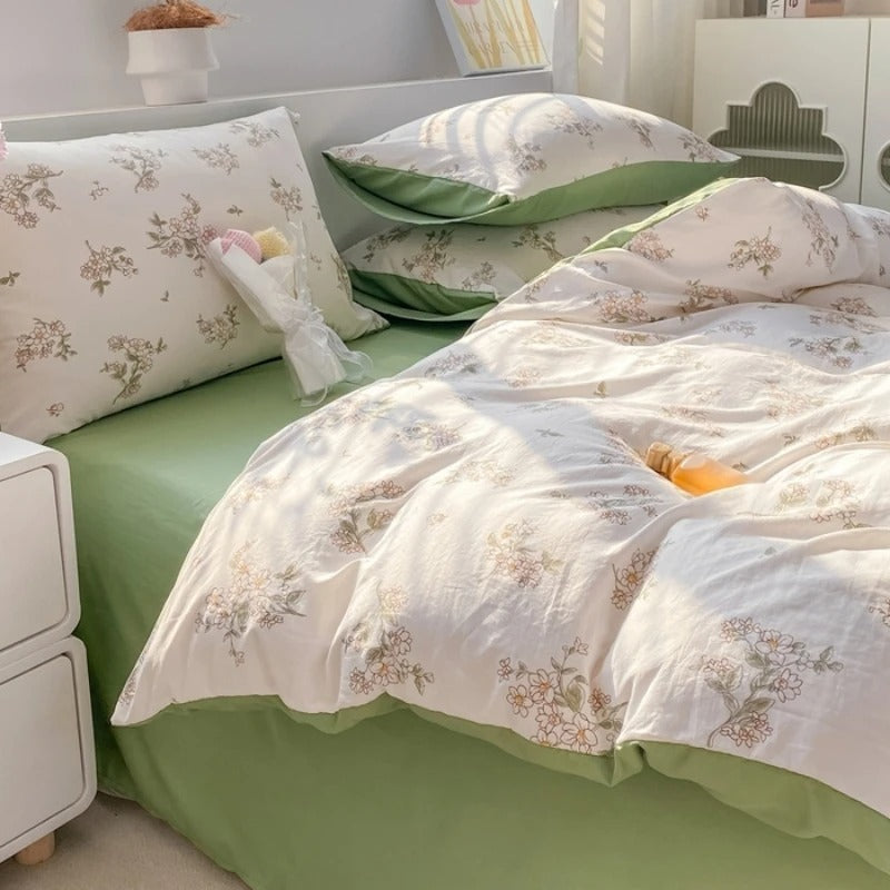 Floral Bedding Set 100% Washed Cotton Bed Sheets Set Soft Duvet Cover Bed Linen Pillowcase Single Double Queen King 2024 Summer