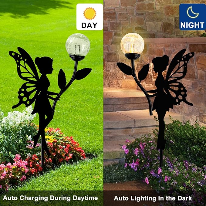 Ouddy Decor 2 Pack Solar Fairy Garden Decor, Metal Fairy Statues with Crackle Glass Globe Solar Garden Lights Outdoor Silhouette Waterproof for Lawn Patio Yard Pathway Gardening Gifts