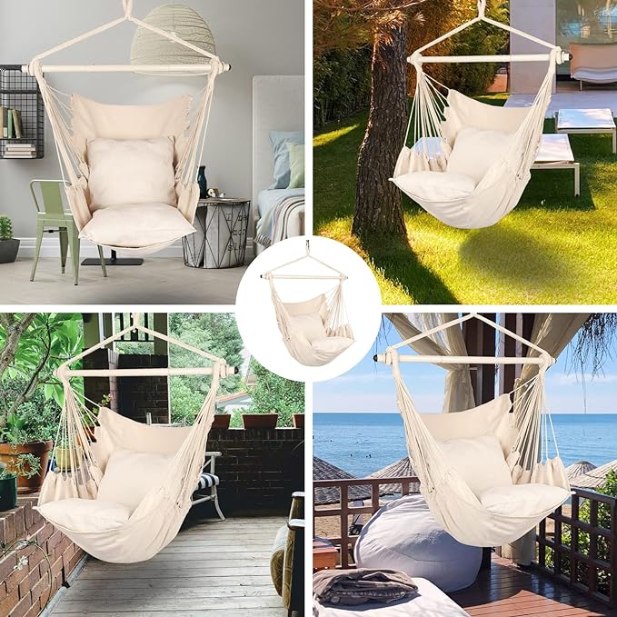 Highwild Hammock Chair Hanging Rope Swing - Max 500 Lbs - 2 Cushions Included - Steel Spreader Bar with Anti-Slip Rings - for Any Indoor or Outdoor Spaces (Beige)