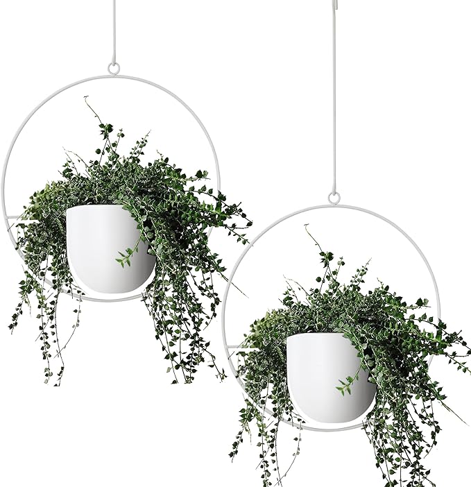 2 Pack Hanging Planters for Indoor Outdoor Plants Modern Metal Plant Hangers Wall and Ceiling Hanging Planter Baskets Mid Century Minimalist Flower Pots Home Decor, White