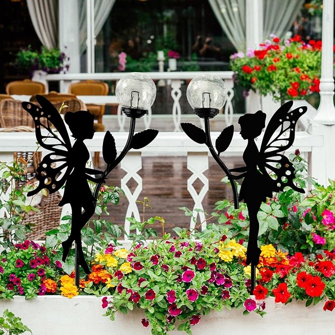 Ouddy Decor 2 Pack Solar Fairy Garden Decor, Metal Fairy Statues with Crackle Glass Globe Solar Garden Lights Outdoor Silhouette Waterproof for Lawn Patio Yard Pathway Gardening Gifts