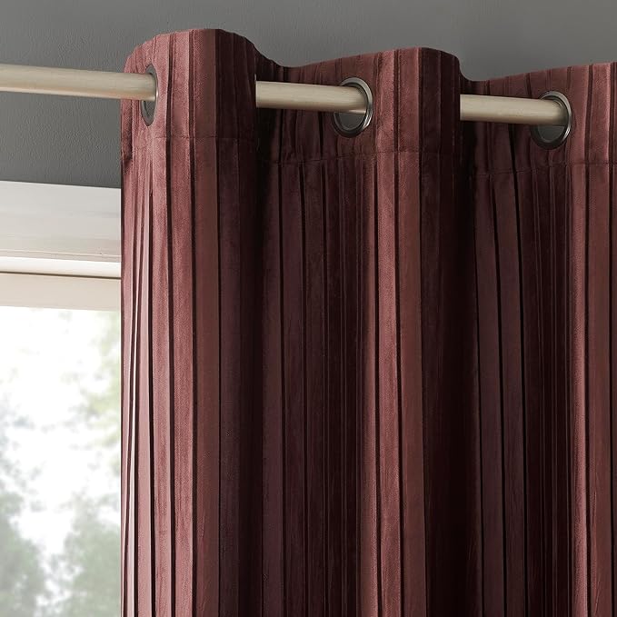 Sun Zero Scarlett 2-pack Pleated Velvet Noise Reducing Blackout Grommet Curtain Panel Pair, 40" x 96", Wine Red