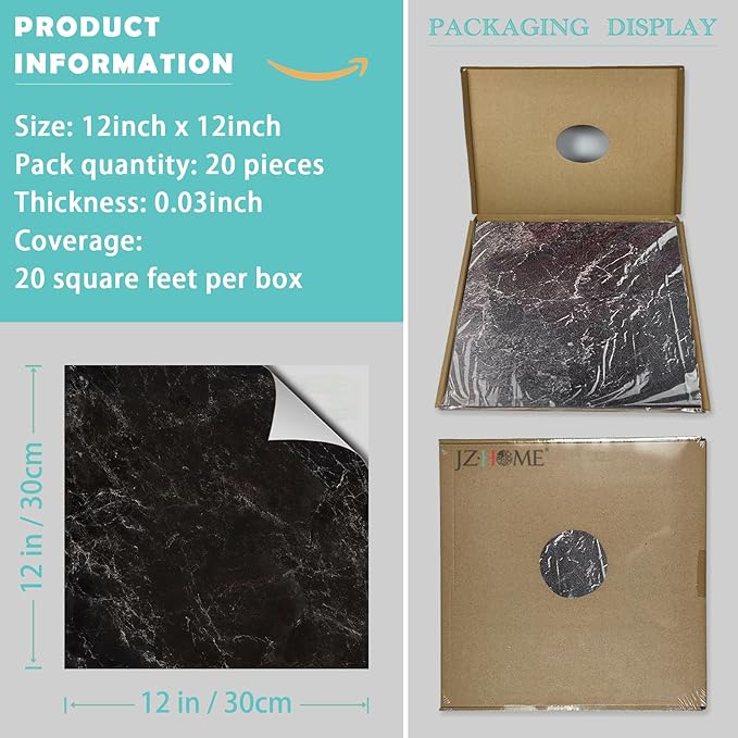 1085 Black Marble Self Adhesive Vinyl Floor Tiles Peel & Stick DIY Flooring Tile 12" x 12" Waterproof Tile Floor Removable Sticker Tiles Easy for Kitchen Home Decor (20PCS)