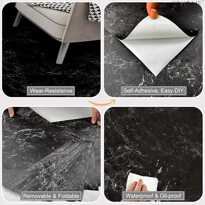 1085 Black Marble Self Adhesive Vinyl Floor Tiles Peel & Stick DIY Flooring Tile 12" x 12" Waterproof Tile Floor Removable Sticker Tiles Easy for Kitchen Home Decor (20PCS)