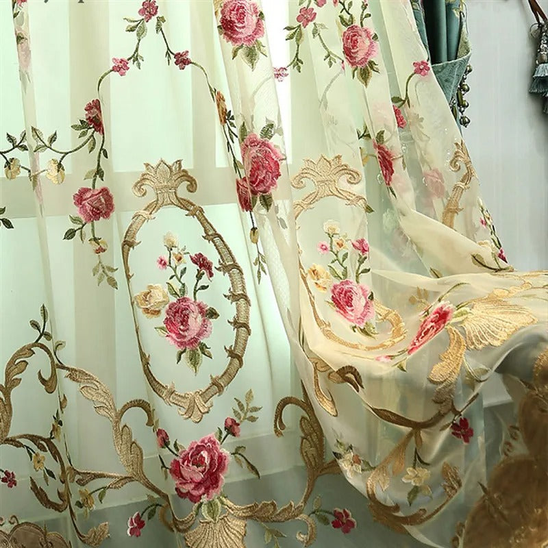 Luxury Green Embroidered Floral Velvet Curtains for Living Room Bedroom Tulle Curtain Sheer Window Treatment Decor