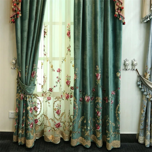 Luxury Green Embroidered Floral Velvet Curtains for Living Room Bedroom Tulle Curtain Sheer Window Treatment Decor