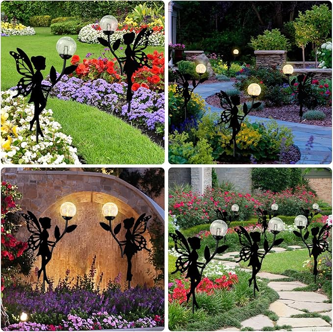 Ouddy Decor 2 Pack Solar Fairy Garden Decor, Metal Fairy Statues with Crackle Glass Globe Solar Garden Lights Outdoor Silhouette Waterproof for Lawn Patio Yard Pathway Gardening Gifts