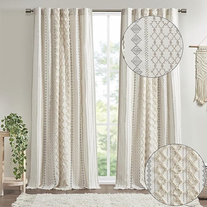 Imani 100% Cotton SINGLE PANEL Curtain Tufted Chenille Stripe Geometric Print Mid-Century Look Rod Pocket Top Drape for Living Room, Privacy Window Treatment for Bedroom, 50" x 84", Ivory