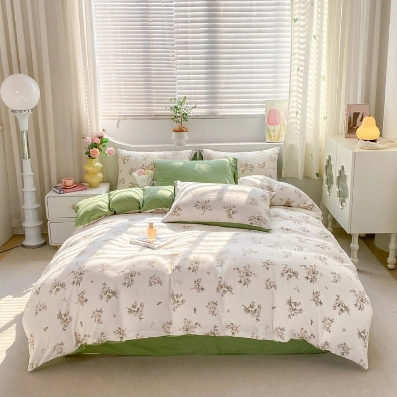 Floral Bedding Set 100% Washed Cotton Bed Sheets Set Soft Duvet Cover Bed Linen Pillowcase Single Double Queen King 2024 Summer