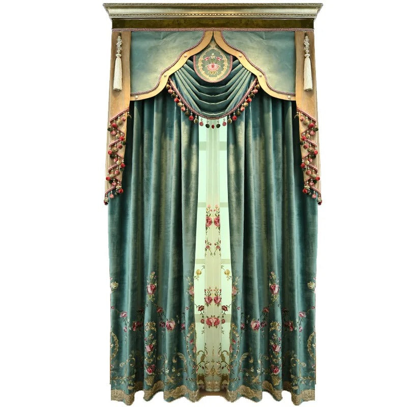 Luxury Green Embroidered Floral Velvet Curtains for Living Room Bedroom Tulle Curtain Sheer Window Treatment Decor