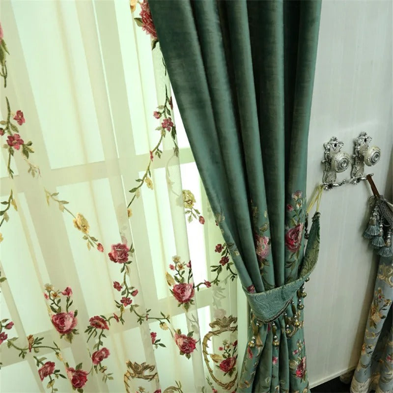 Luxury Green Embroidered Floral Velvet Curtains for Living Room Bedroom Tulle Curtain Sheer Window Treatment Decor