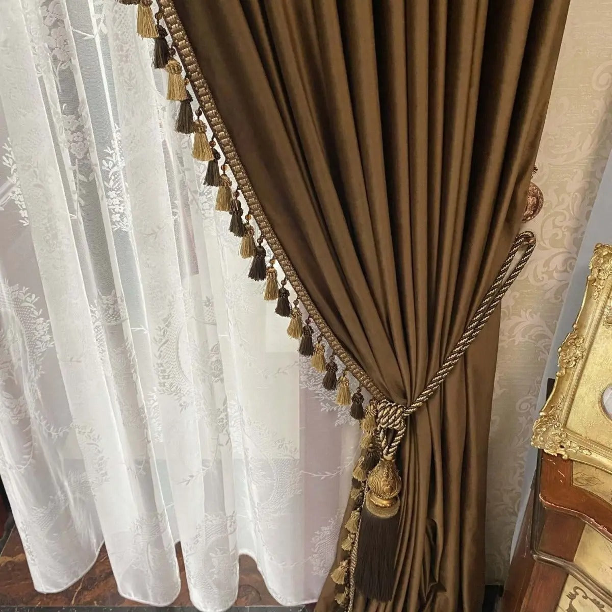 Retro American Curtains for Living Dining Room Bedroom Silk Brown Shading Curtains Light Luxury Curtains Windows Home Decoration