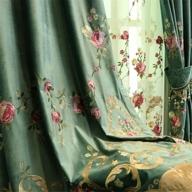 Luxury Green Embroidered Floral Velvet Curtains for Living Room Bedroom Tulle Curtain Sheer Window Treatment Decor